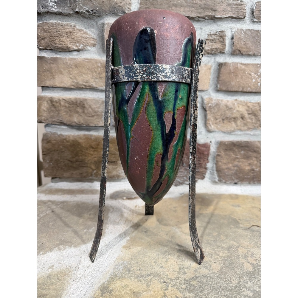 Brutalist Studio Pottery Amphora Vase with Wrought Iron Tripod Stand Drip Glaze